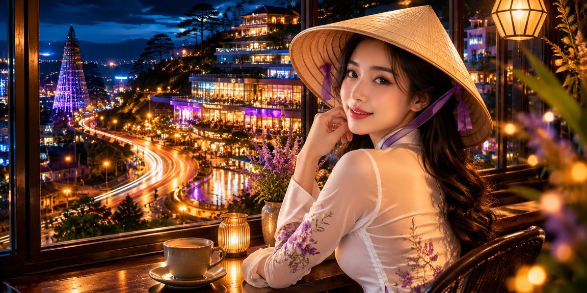 Khung cảnh Đà Lạt với chủ đề giải trí trực tuyến và nón lá Việt Nam